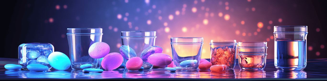 image of drug pills surrounding a glass of water symbolizing drug consumption
