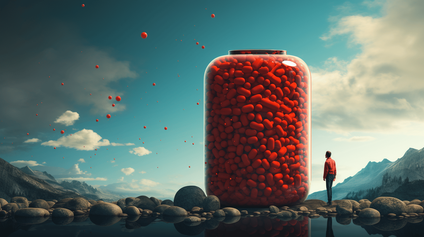 abstract image of a researcher studying a bottle of drug.