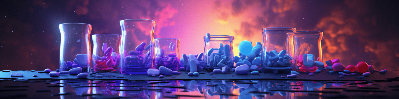 image of drug pills surrounding a glass of water symbolizing drug consumption