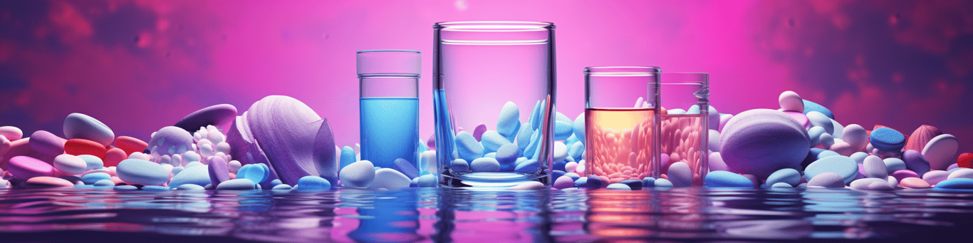 image of drug pills surrounding a glass of water symbolizing drug consumption