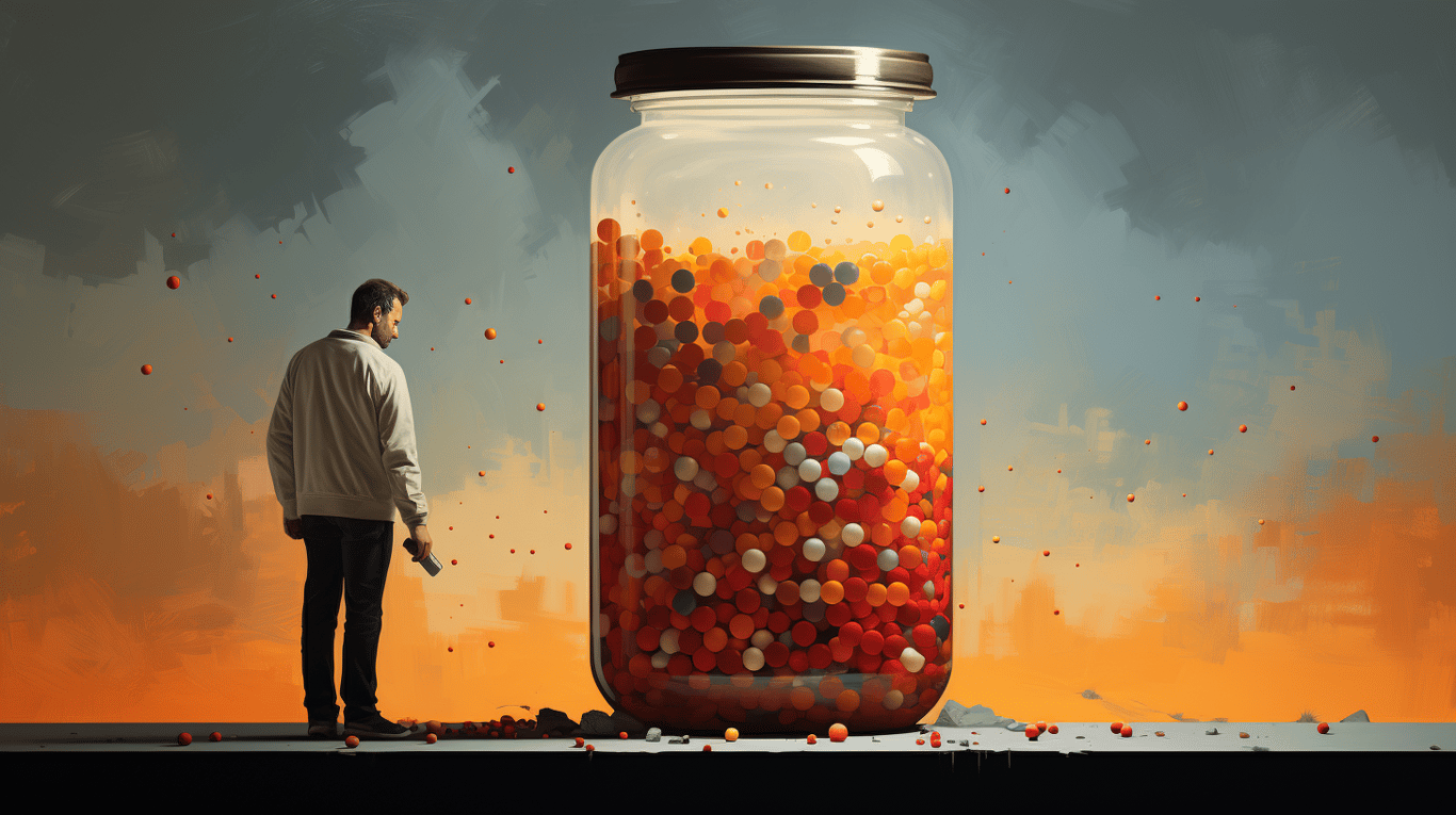 abstract image of a researcher studying a bottle of drug.