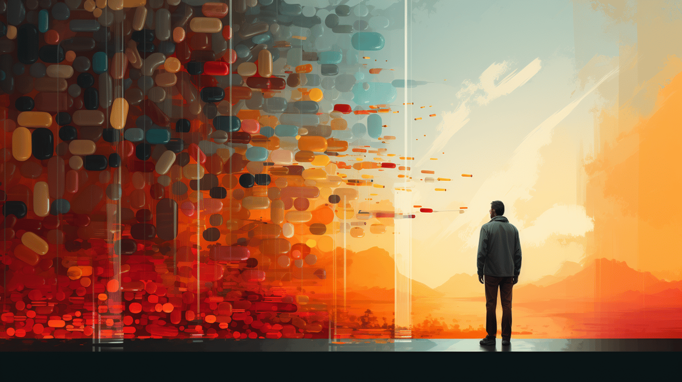 abstract image of a researcher studying a bottle of drug.