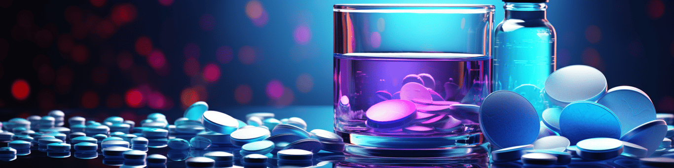 image of drug pills surrounding a glass of water symbolizing drug consumption