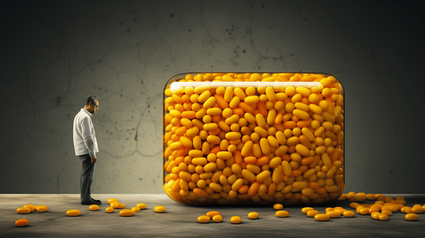 abstract image of a researcher studying a bottle of drug.