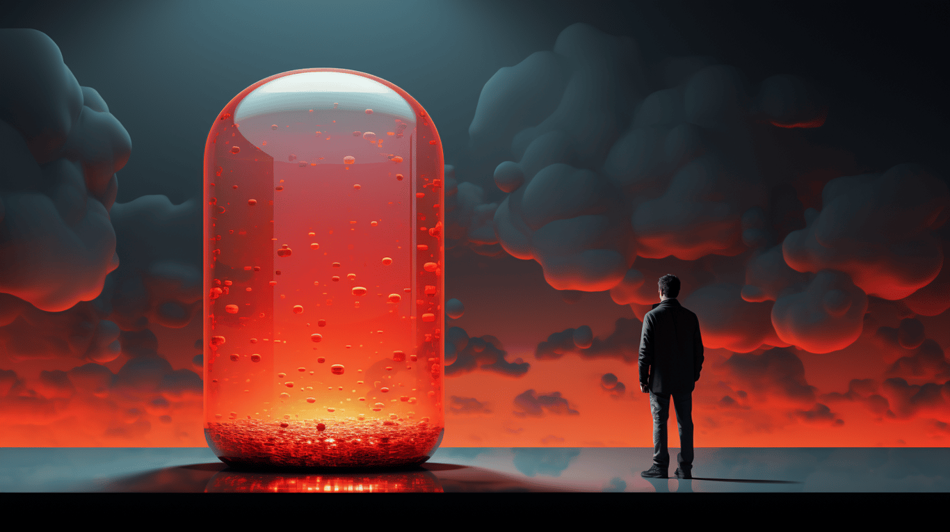 abstract image of a researcher studying a bottle of drug.