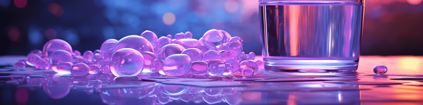 image of drug pills surrounding a glass of water symbolizing drug consumption