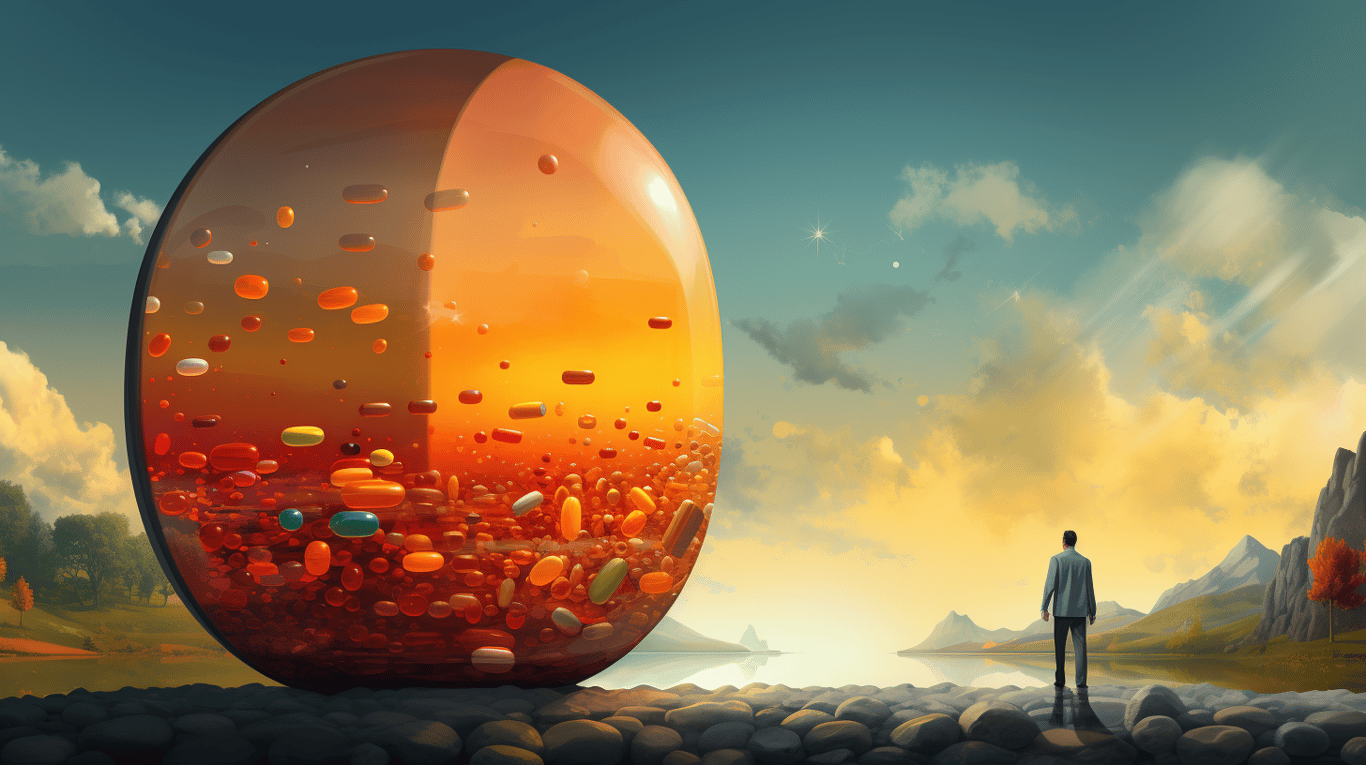 abstract image of a researcher studying a bottle of drug.