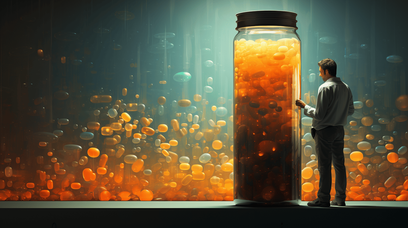 abstract image of a researcher studying a bottle of drug.