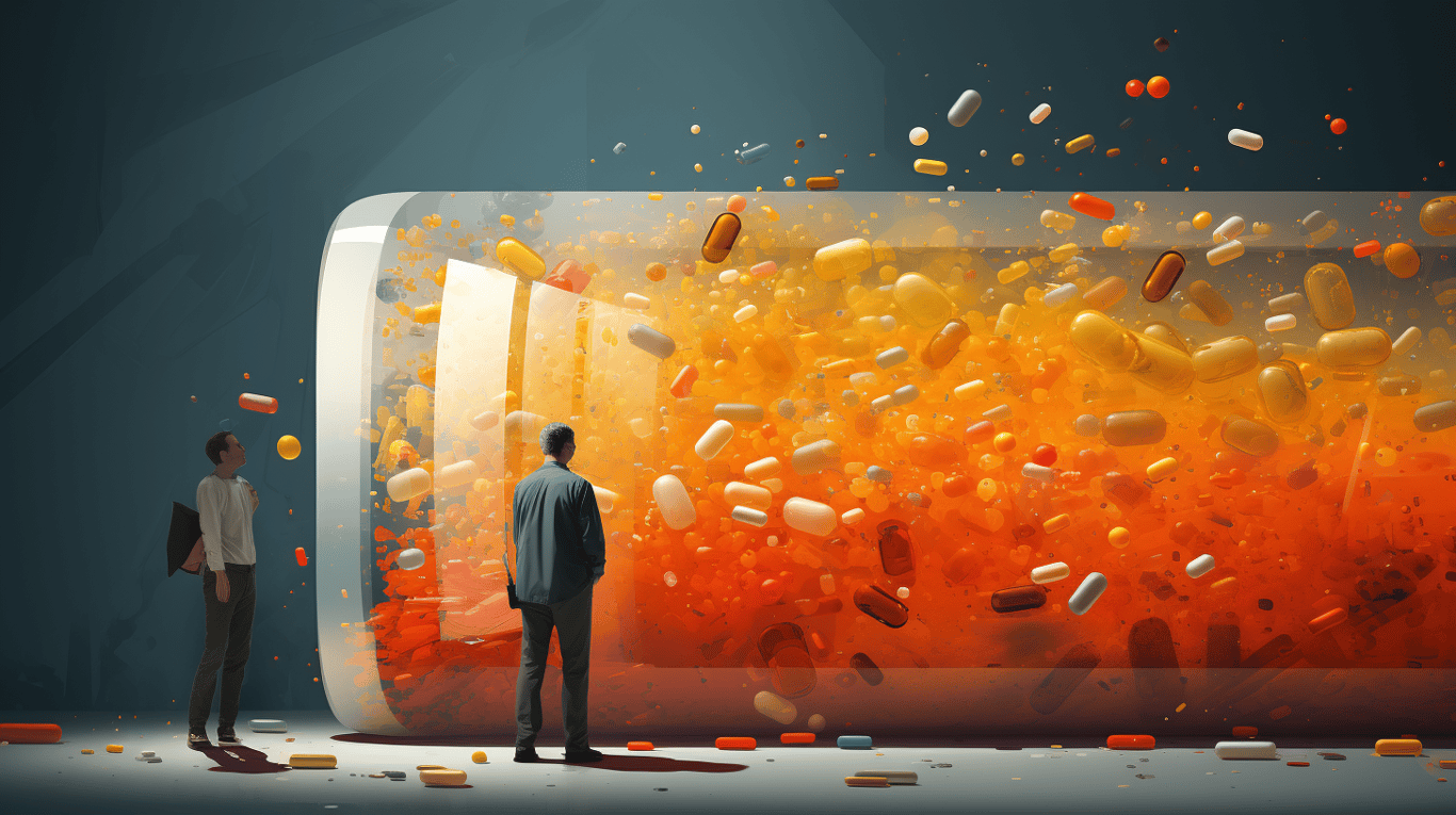 abstract image of a researcher studying a bottle of drug.