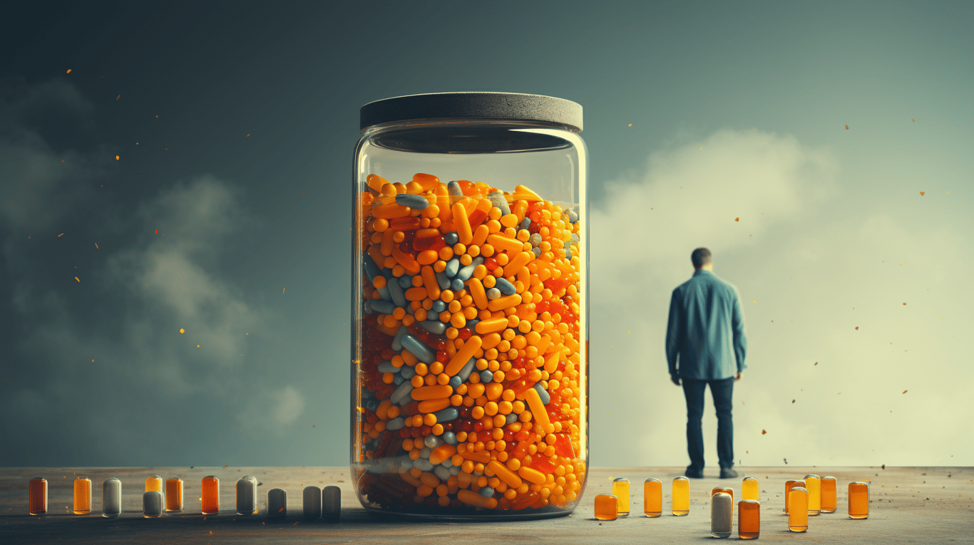 abstract image of a researcher studying a bottle of drug.