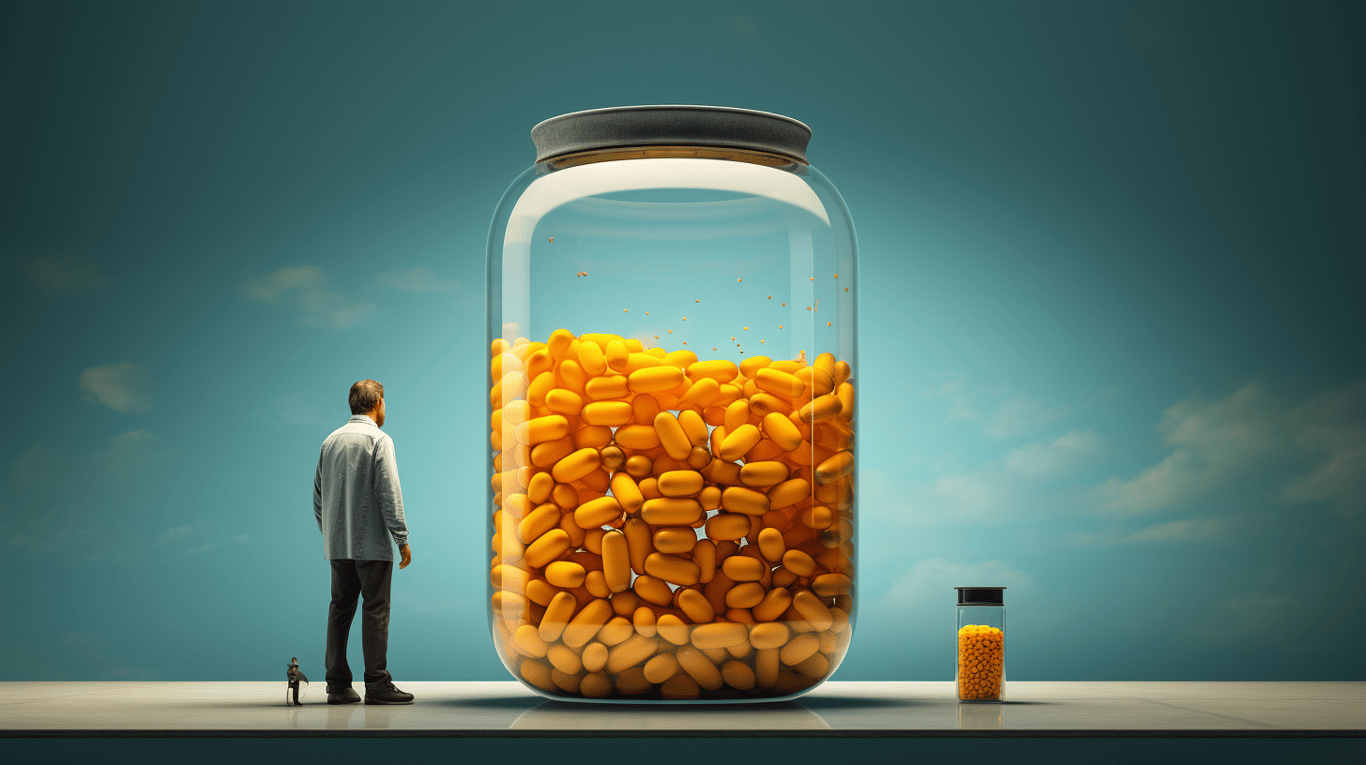 abstract image of a researcher studying a bottle of drug.