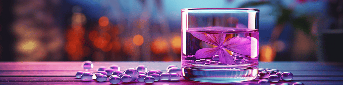 image of drug pills surrounding a glass of water symbolizing drug consumption