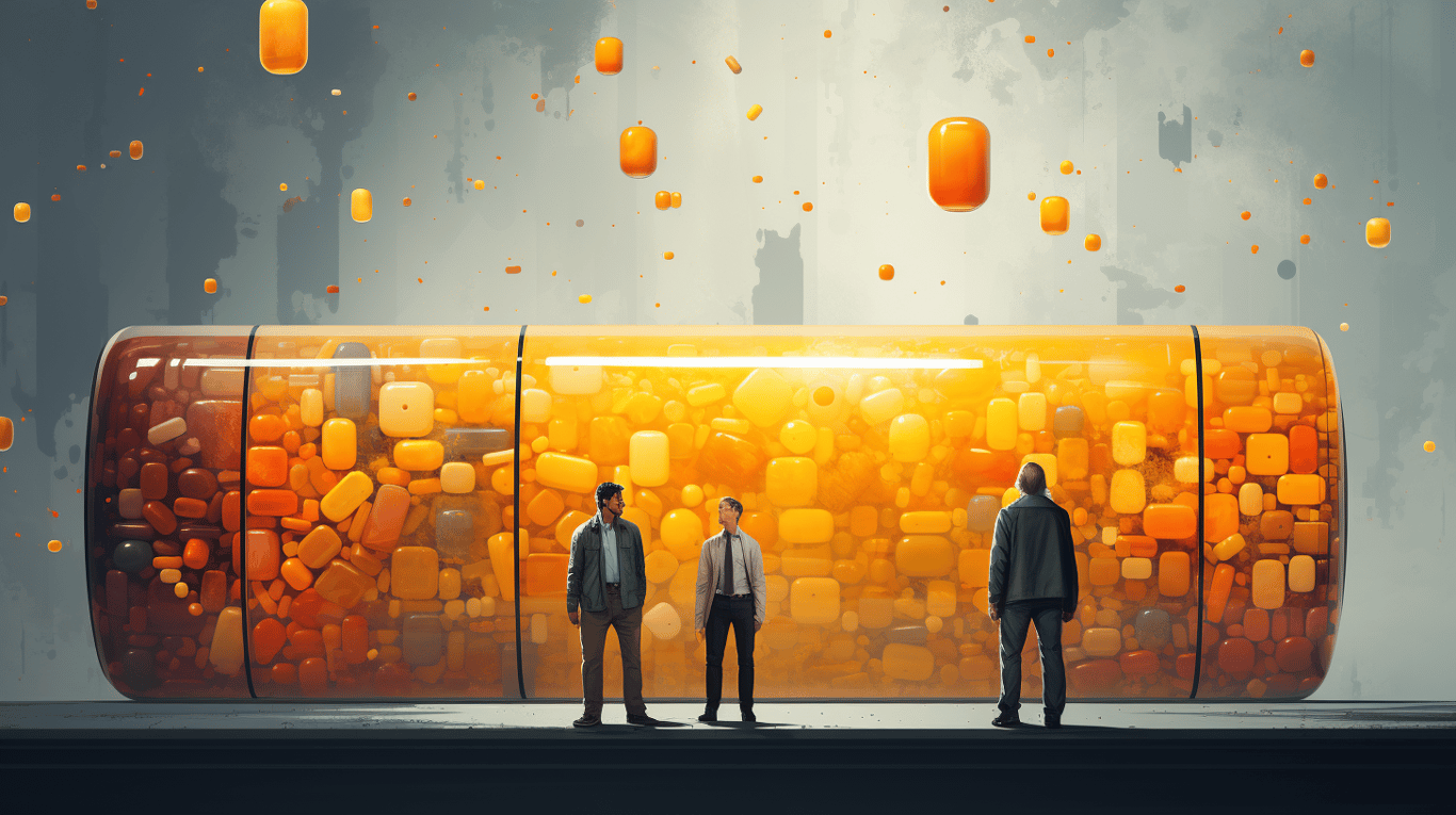 abstract image of a researcher studying a bottle of drug.