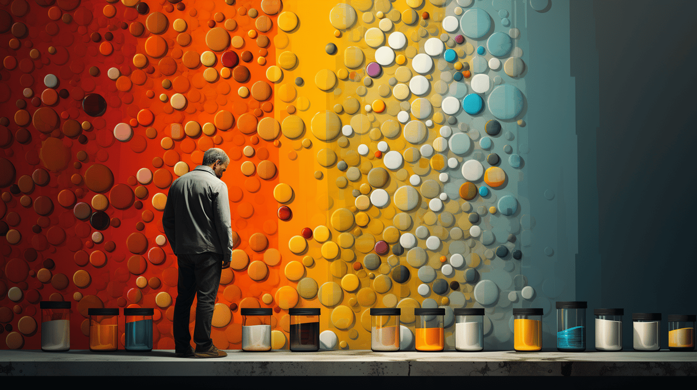 abstract image of a researcher studying a bottle of drug.