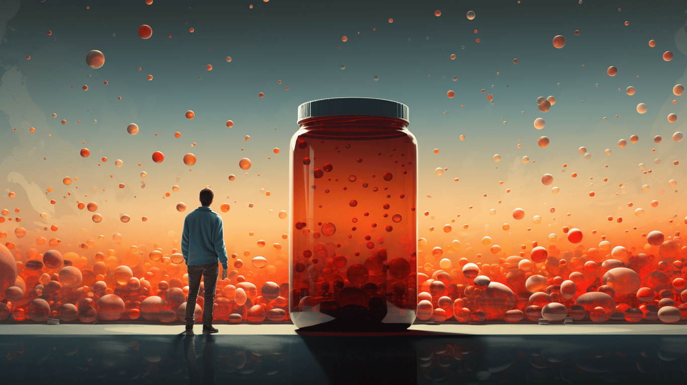 abstract image of a researcher studying a bottle of drug.