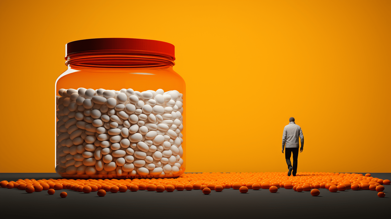 abstract image of a researcher studying a bottle of drug.