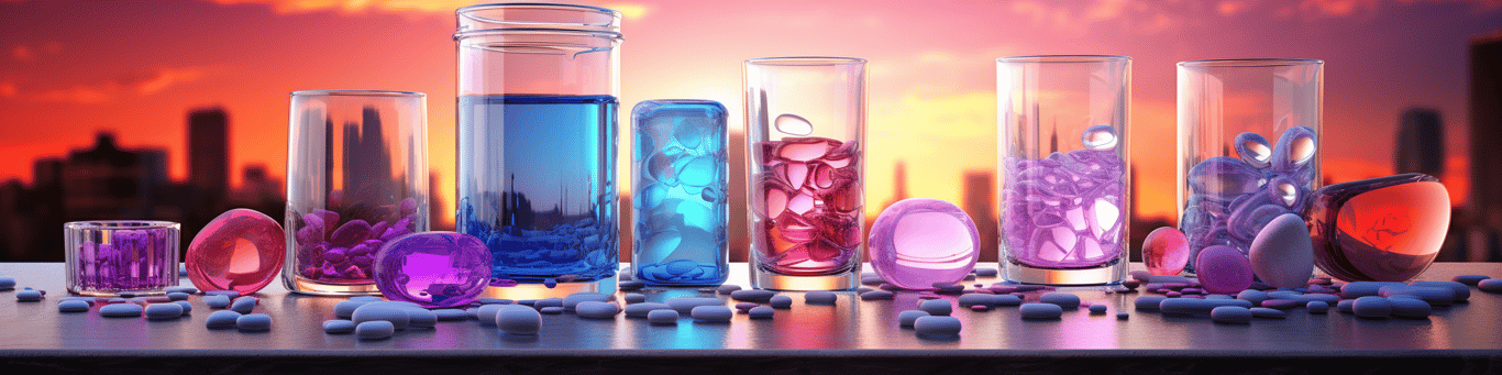 image of drug pills surrounding a glass of water symbolizing drug consumption
