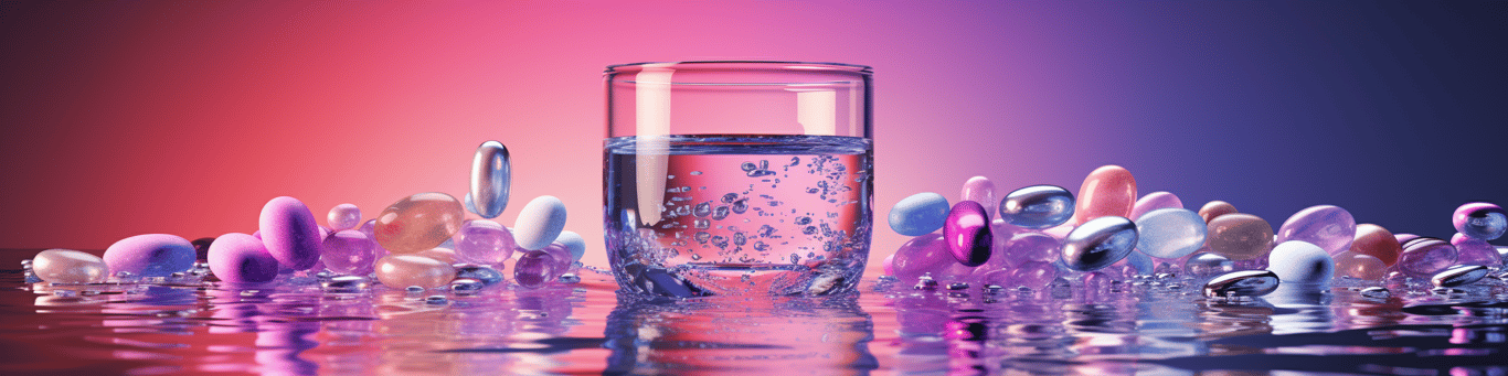 image of drug pills surrounding a glass of water symbolizing drug consumption