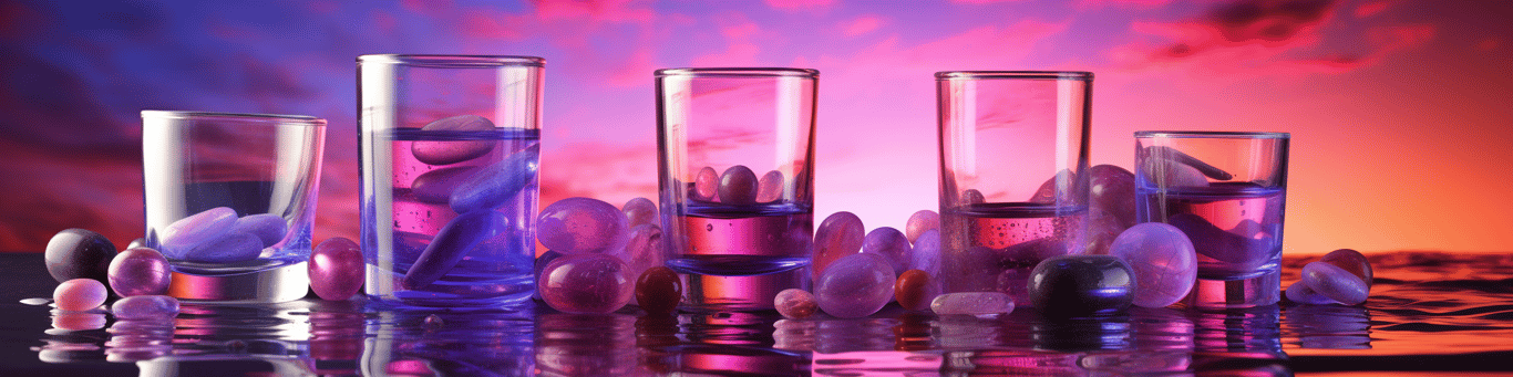 image of drug pills surrounding a glass of water symbolizing drug consumption