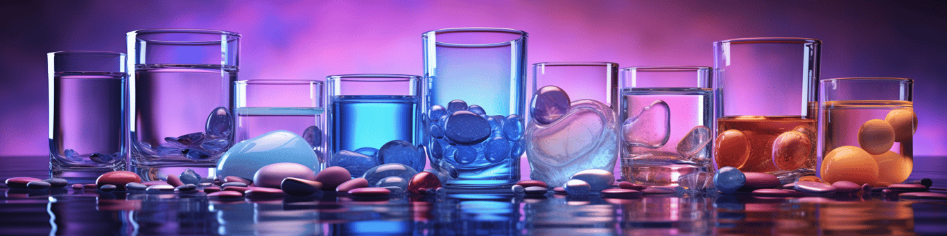 image of drug pills surrounding a glass of water symbolizing drug consumption