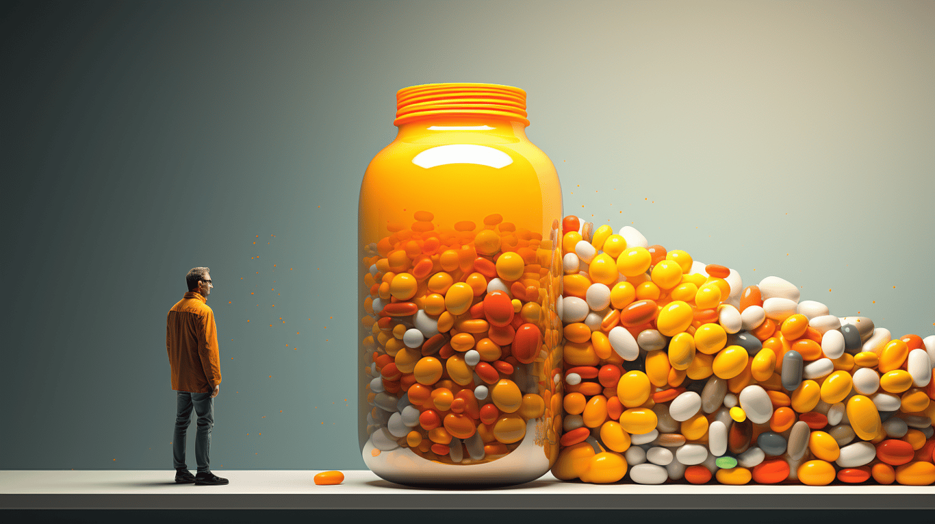 abstract image of a researcher studying a bottle of drug.