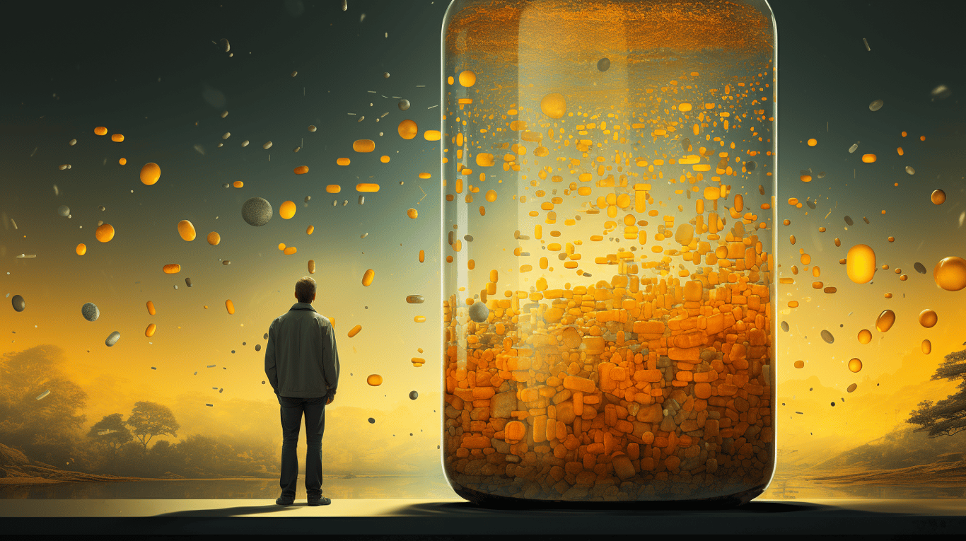 abstract image of a researcher studying a bottle of drug.