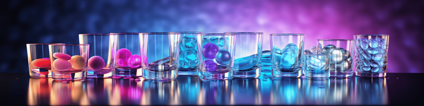 image of drug pills surrounding a glass of water symbolizing drug consumption