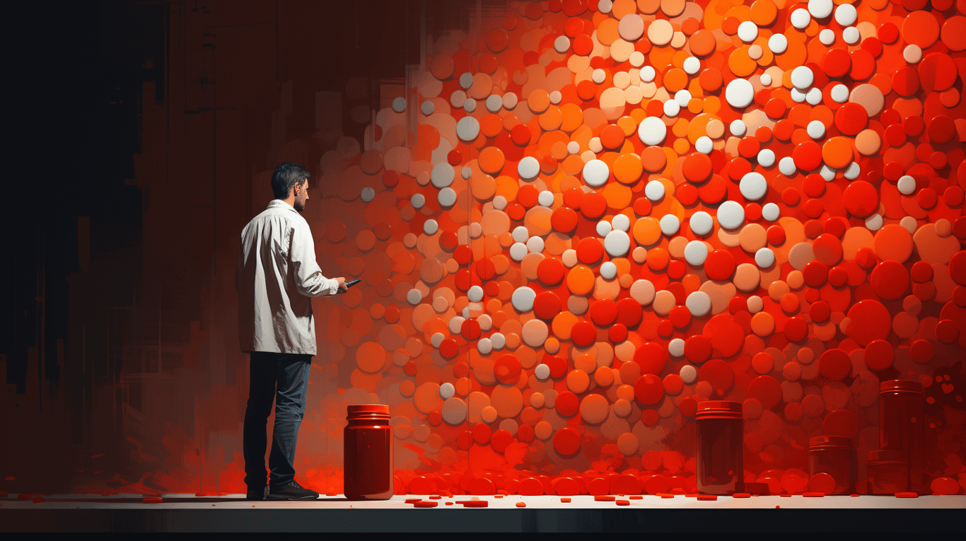 abstract image of a researcher studying a bottle of drug.