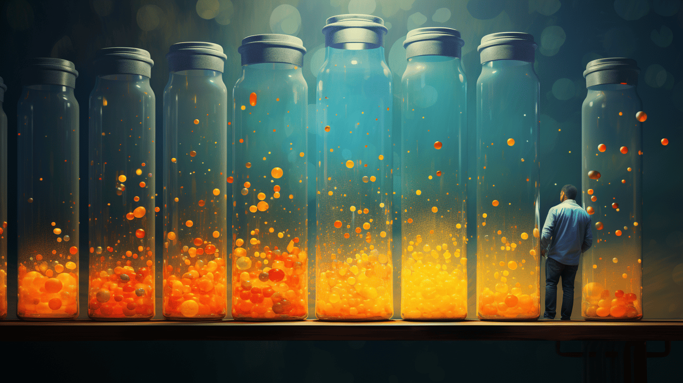 abstract image of a researcher studying a bottle of drug.