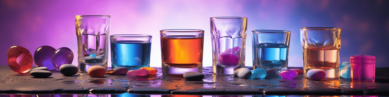 image of drug pills surrounding a glass of water symbolizing drug consumption