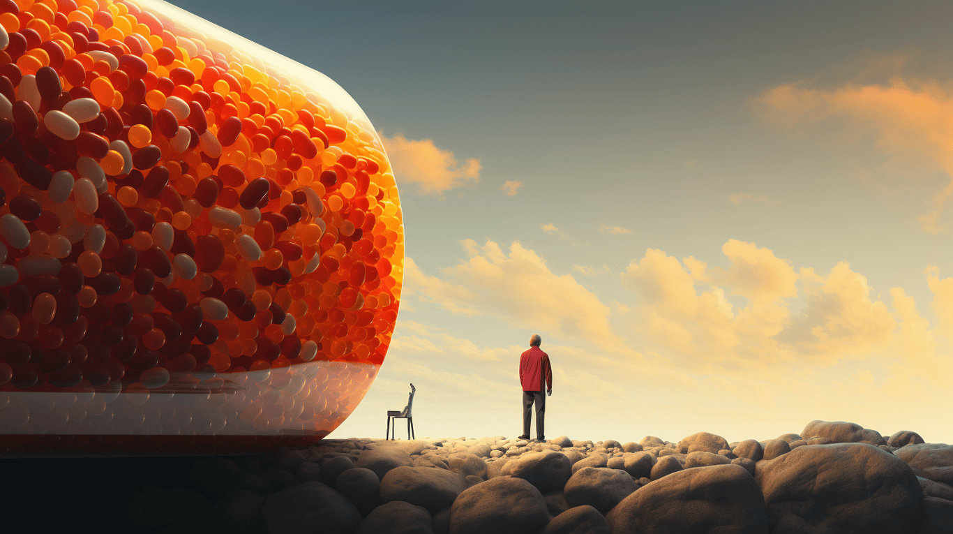 abstract image of a researcher studying a bottle of drug.