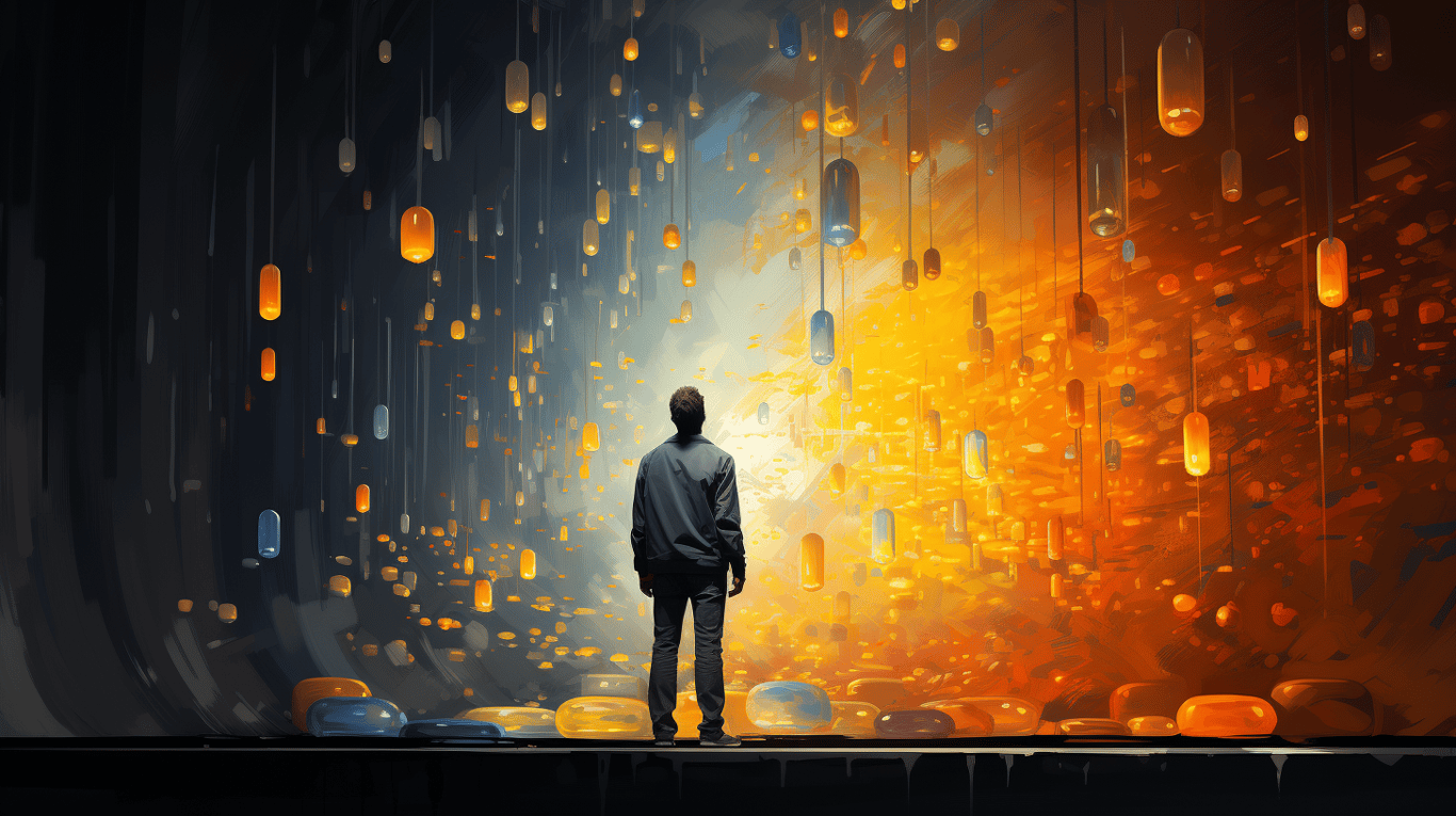 abstract image of a researcher studying a bottle of drug.