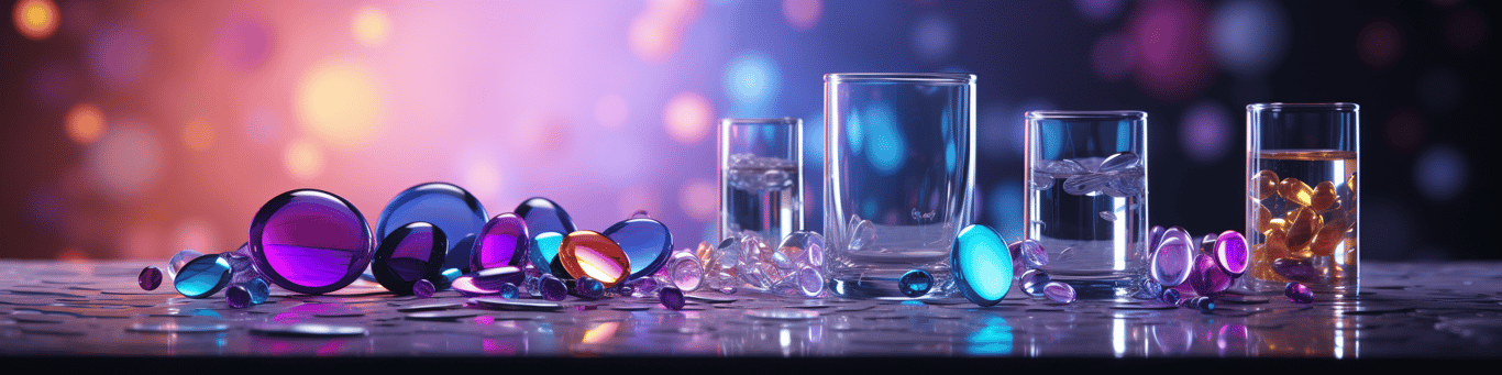 image of drug pills surrounding a glass of water symbolizing drug consumption