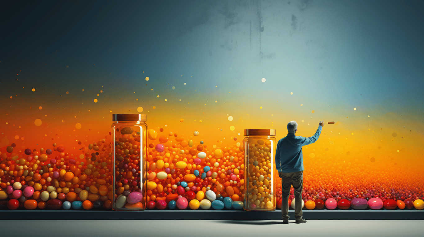 abstract image of a researcher studying a bottle of drug.