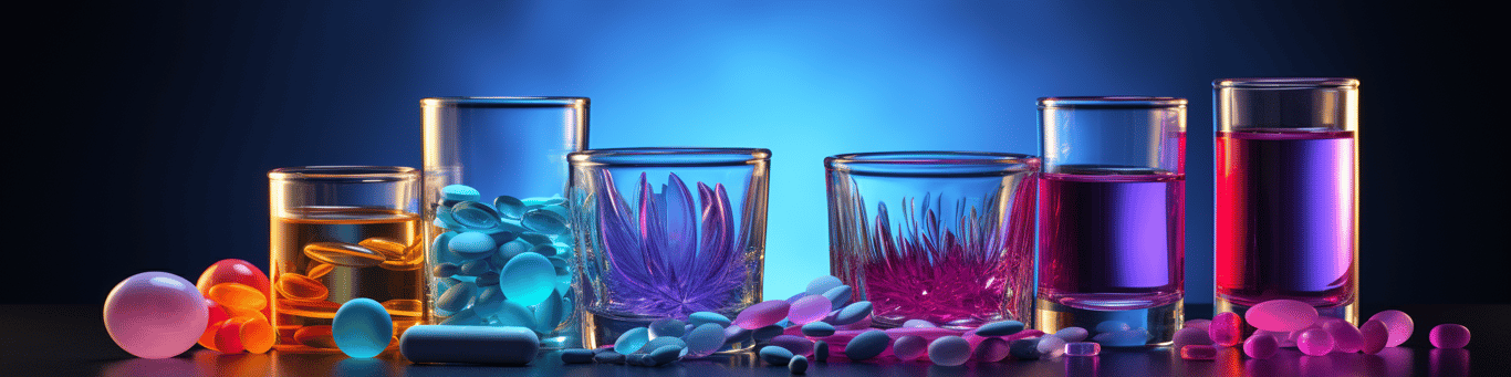 image of drug pills surrounding a glass of water symbolizing drug consumption