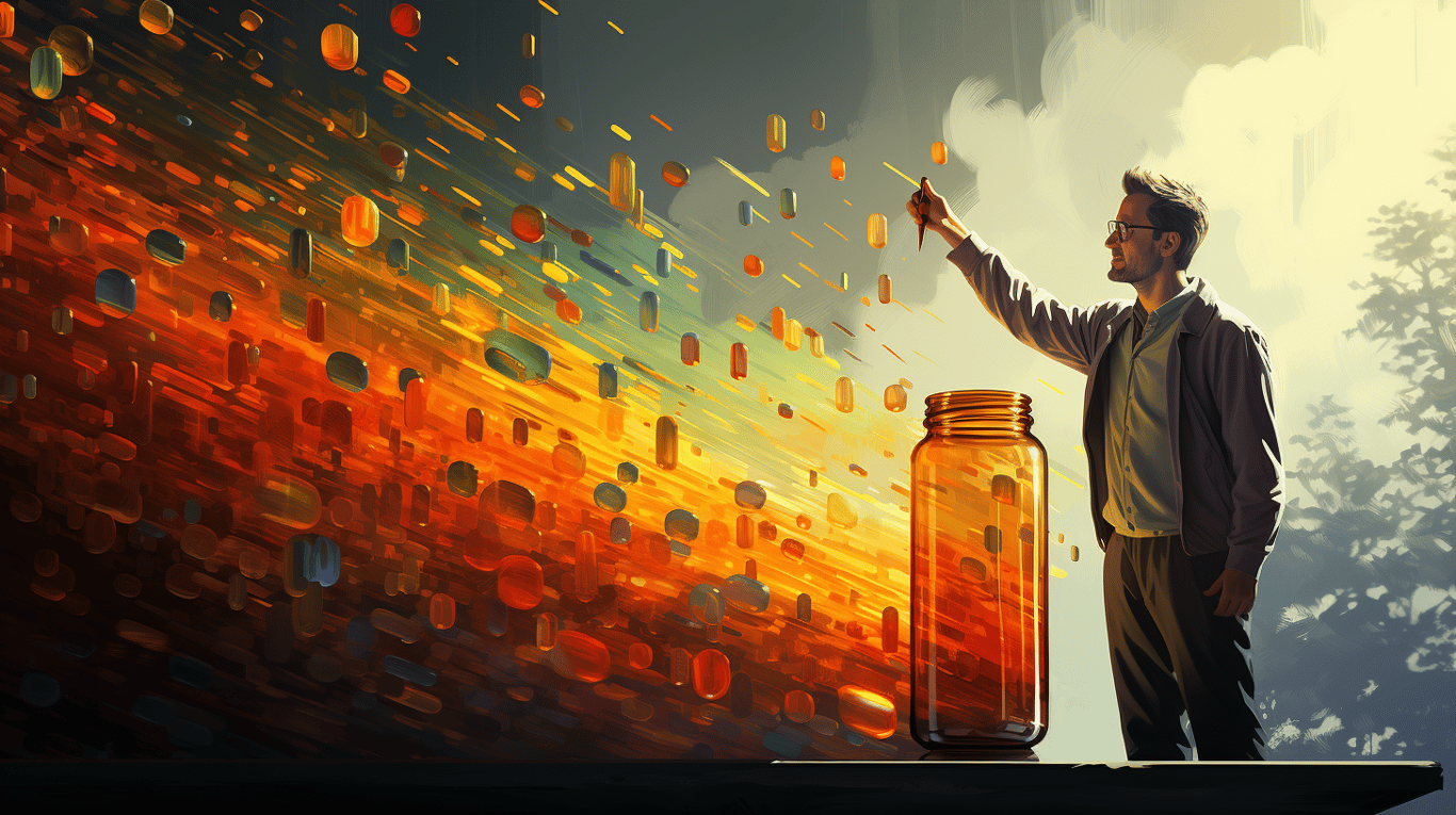 abstract image of a researcher studying a bottle of drug.