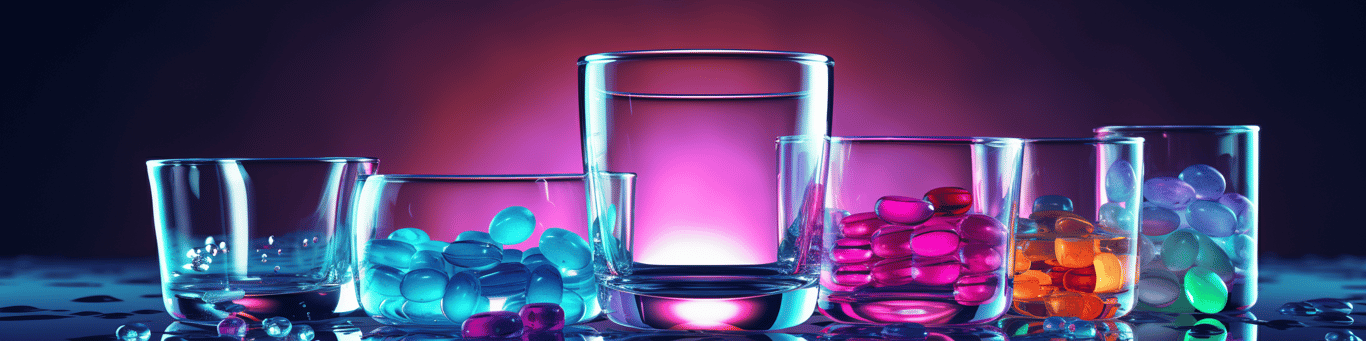 image of drug pills surrounding a glass of water symbolizing drug consumption