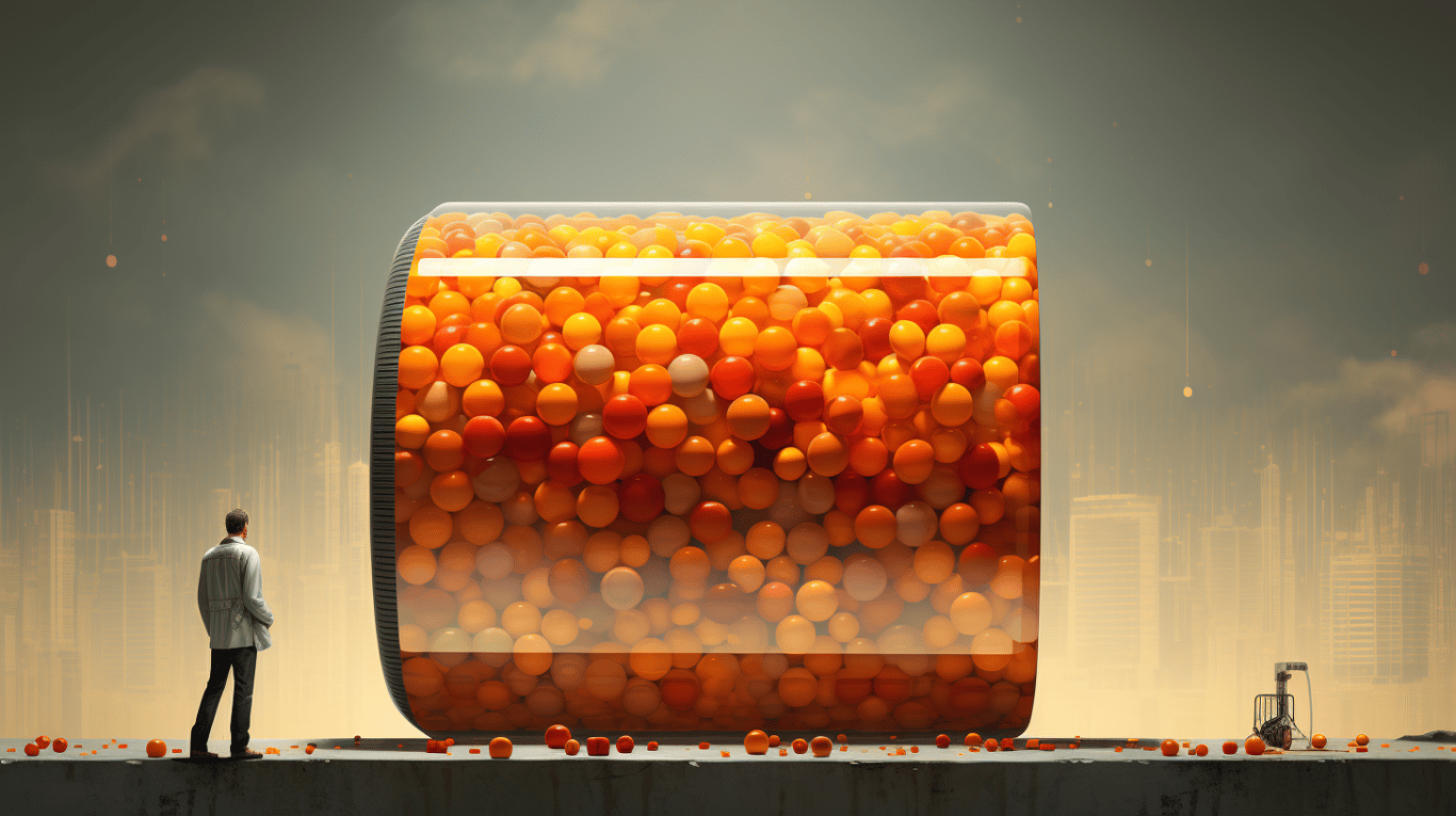 abstract image of a researcher studying a bottle of drug.