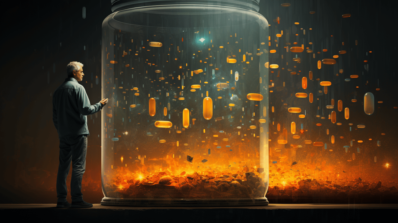 abstract image of a researcher studying a bottle of drug.