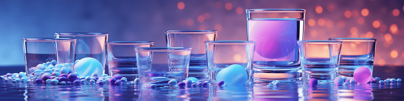 image of drug pills surrounding a glass of water symbolizing drug consumption