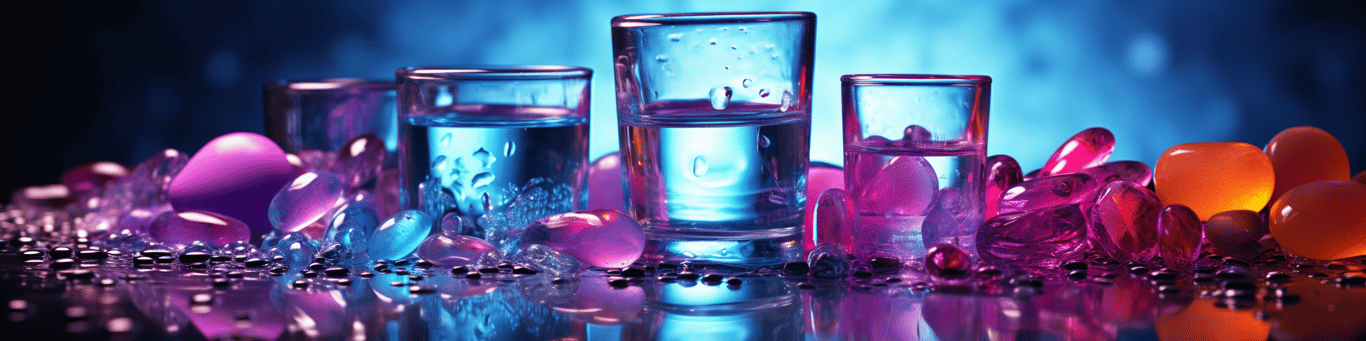 image of drug pills surrounding a glass of water symbolizing drug consumption