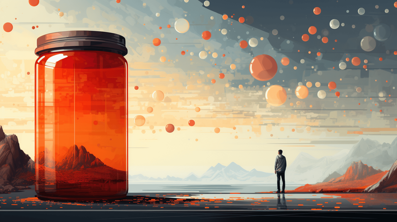 abstract image of a researcher studying a bottle of drug.