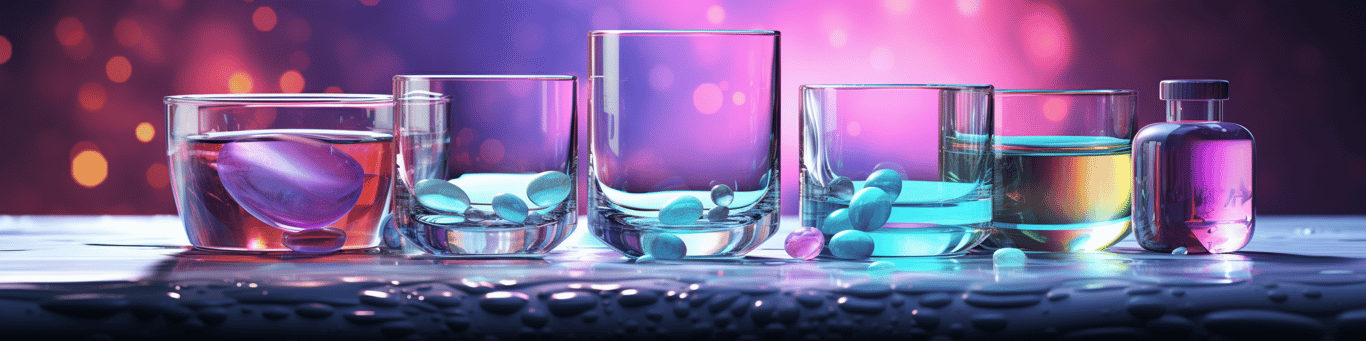 image of drug pills surrounding a glass of water symbolizing drug consumption