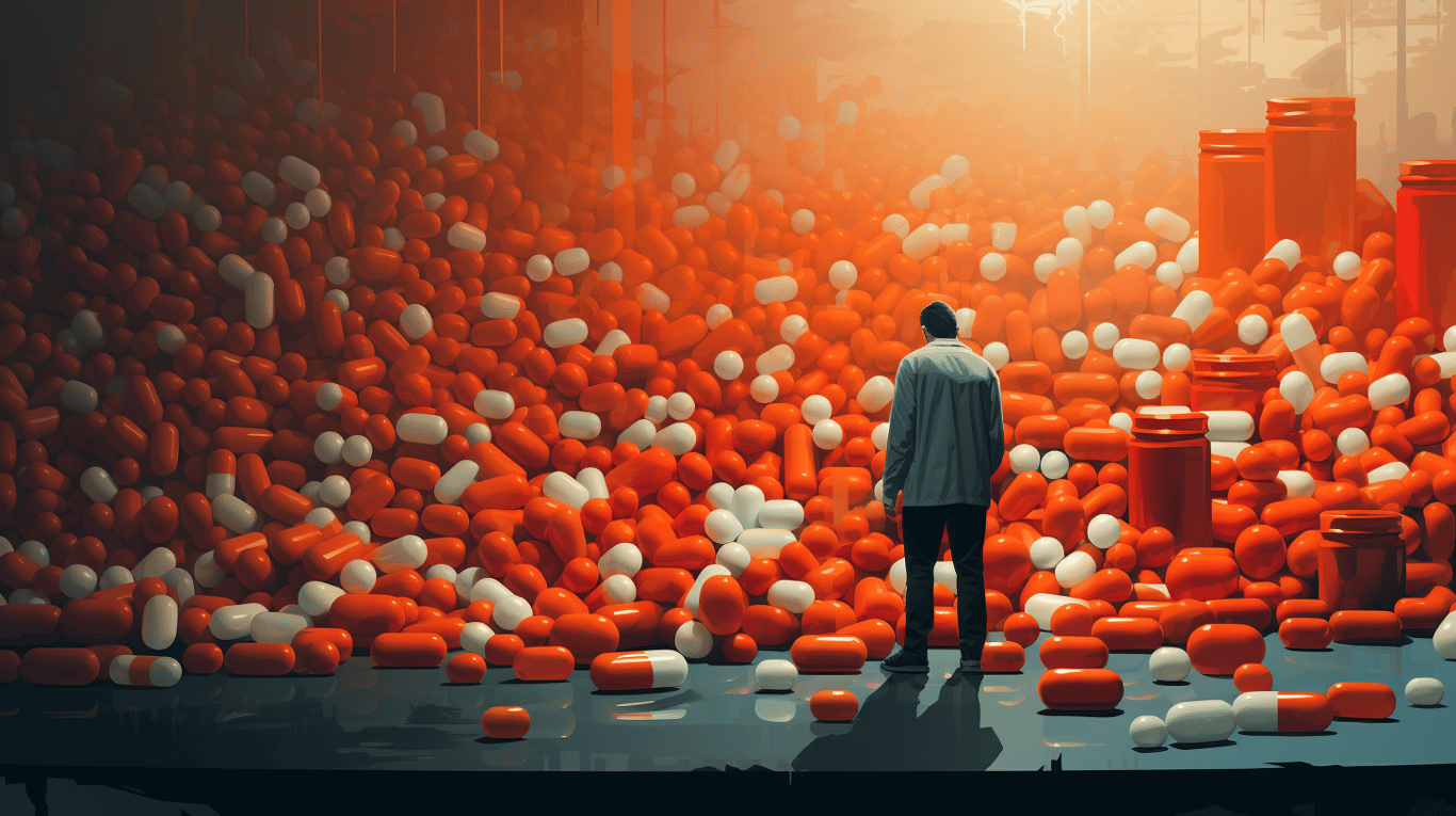 abstract image of a researcher studying a bottle of drug.