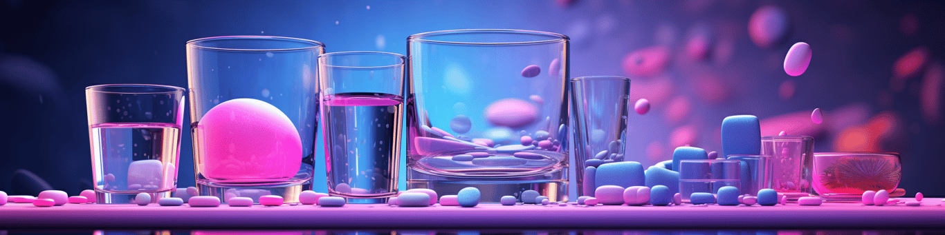 image of drug pills surrounding a glass of water symbolizing drug consumption