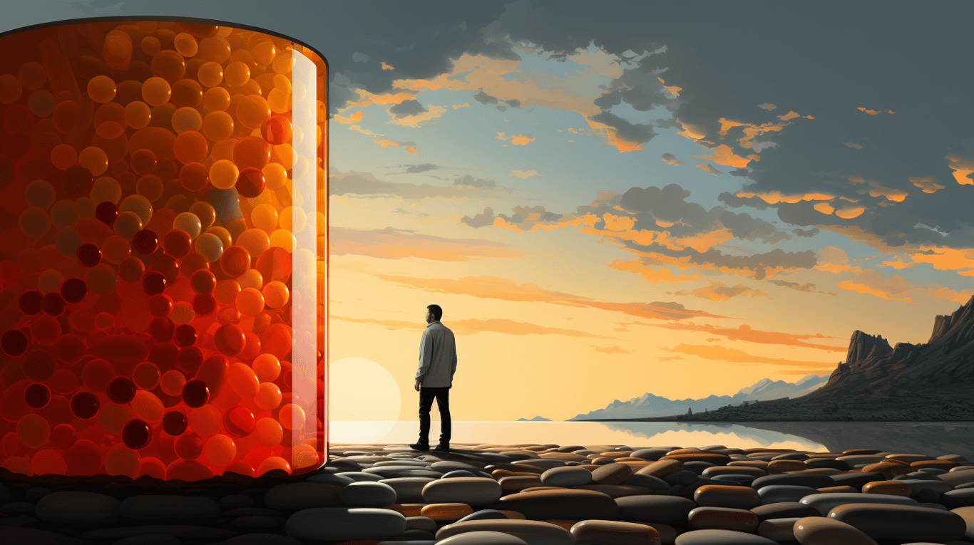 abstract image of a researcher studying a bottle of drug.