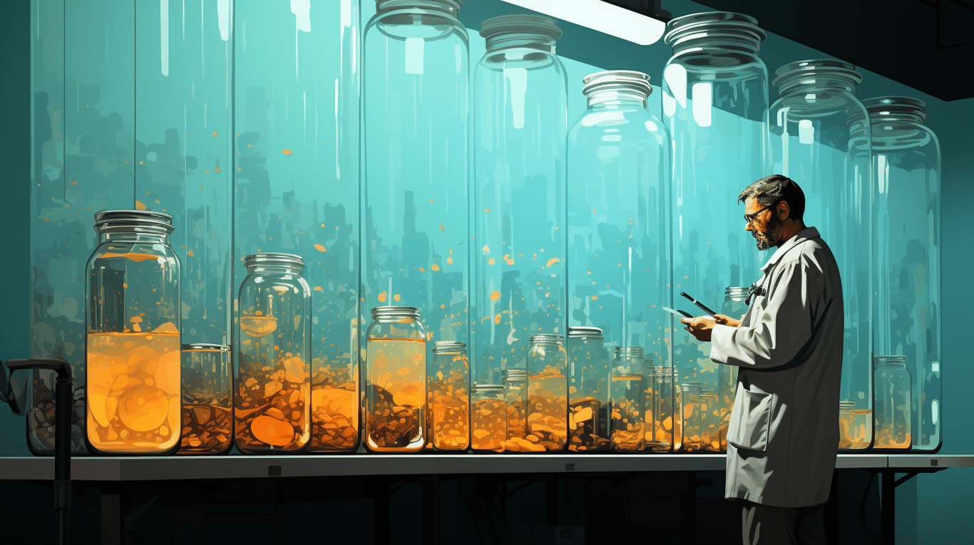 abstract image of a researcher studying a bottle of drug.