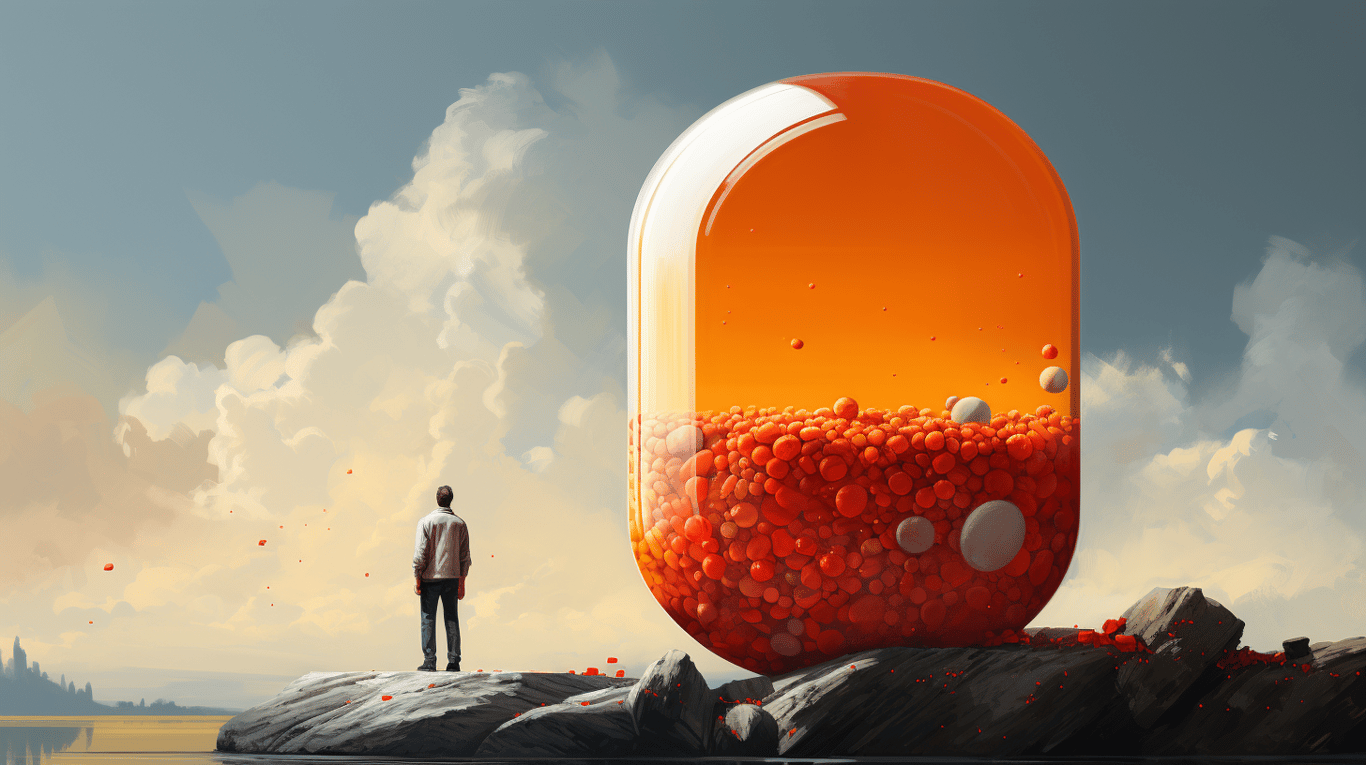 abstract image of a researcher studying a bottle of drug.