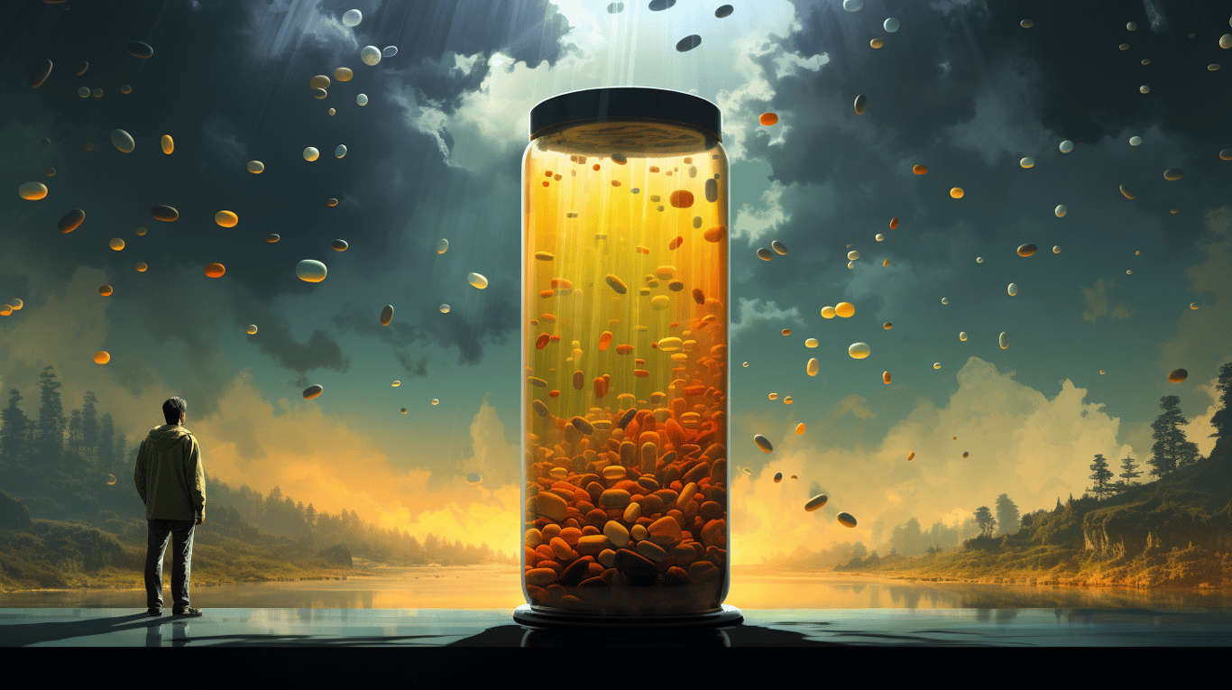 abstract image of a researcher studying a bottle of drug.