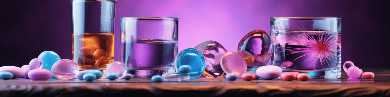 image of drug pills surrounding a glass of water symbolizing drug consumption